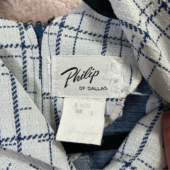 Vintage 1960s Navy and Off White Plaid Midi Dress Drop Waist Tie Belt Size 8 - Picture 3 of 12